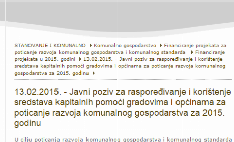 Javni poziv za raspoređivanje i korištenje sredstava kapitalnih pomoći gradovima i općinama za poticanje razvoja komunalnog gospodarstva za 2015. godinu